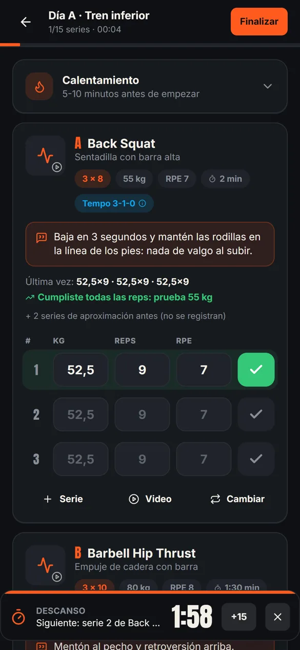 Registro de series con peso, repeticiones y cronómetro de descanso